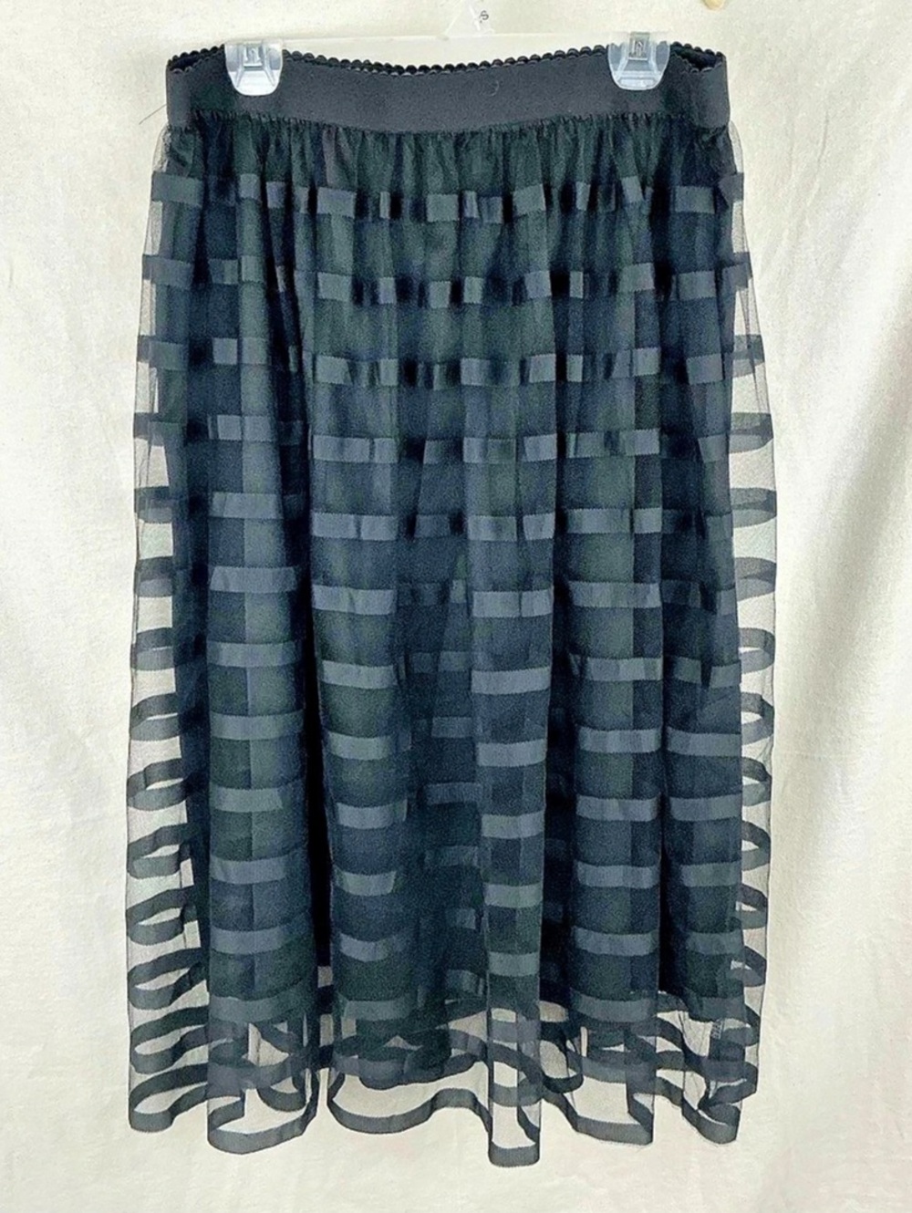 Metrowear Women's Black Striped Tulle Midi Skirt Pull on XL